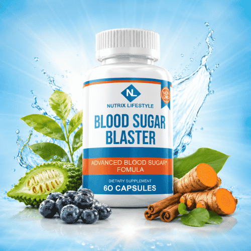 Authentic bottle of Blood Sugar Blaster dietary supplement showing natural ingredients like blueberries and cinnamon sticks