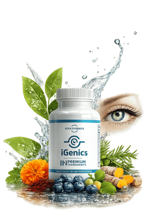 Official iGenics vision support supplement bottle on an independent affiliate website.