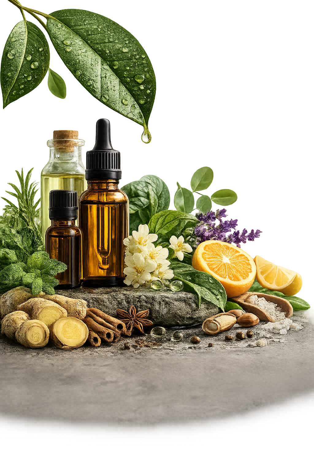 Assorted natural ingredients including essential oils, lemon, ginger, and green leaves for wellness support.