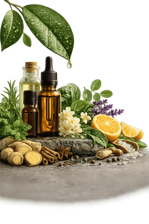 Assorted natural ingredients including essential oils, lemon, ginger, and green leaves for wellness support.